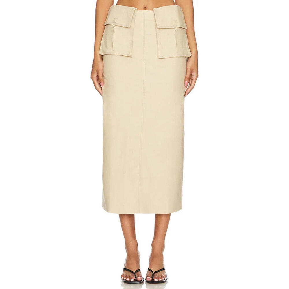 Revolve Camila Coelho Rousseau Midi Skirt sand linen back slit XL NWT $208 msrp